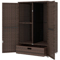 Outdoor Storage Cabinet with Shelves, Rattan Pool Towel Storage Cabinet with Removable Shelf & Drawer, Mixed Brown