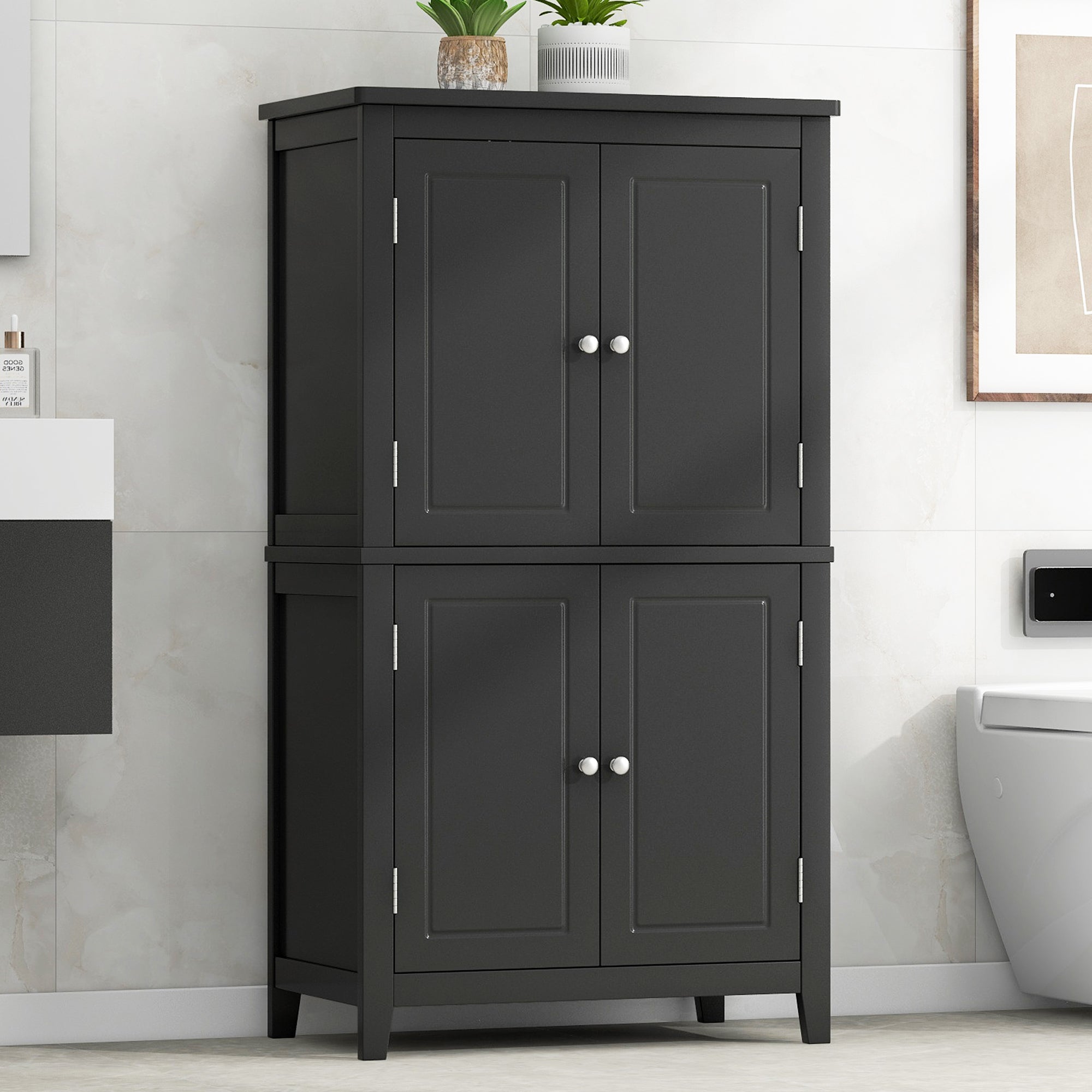 Elegant Bathroom Floor Storage Cabinet, Bathroom Storage Unit, Freestanding Cabinet With 4 Doors, Adjustable Shelves, Adaptable Shelves, Black
