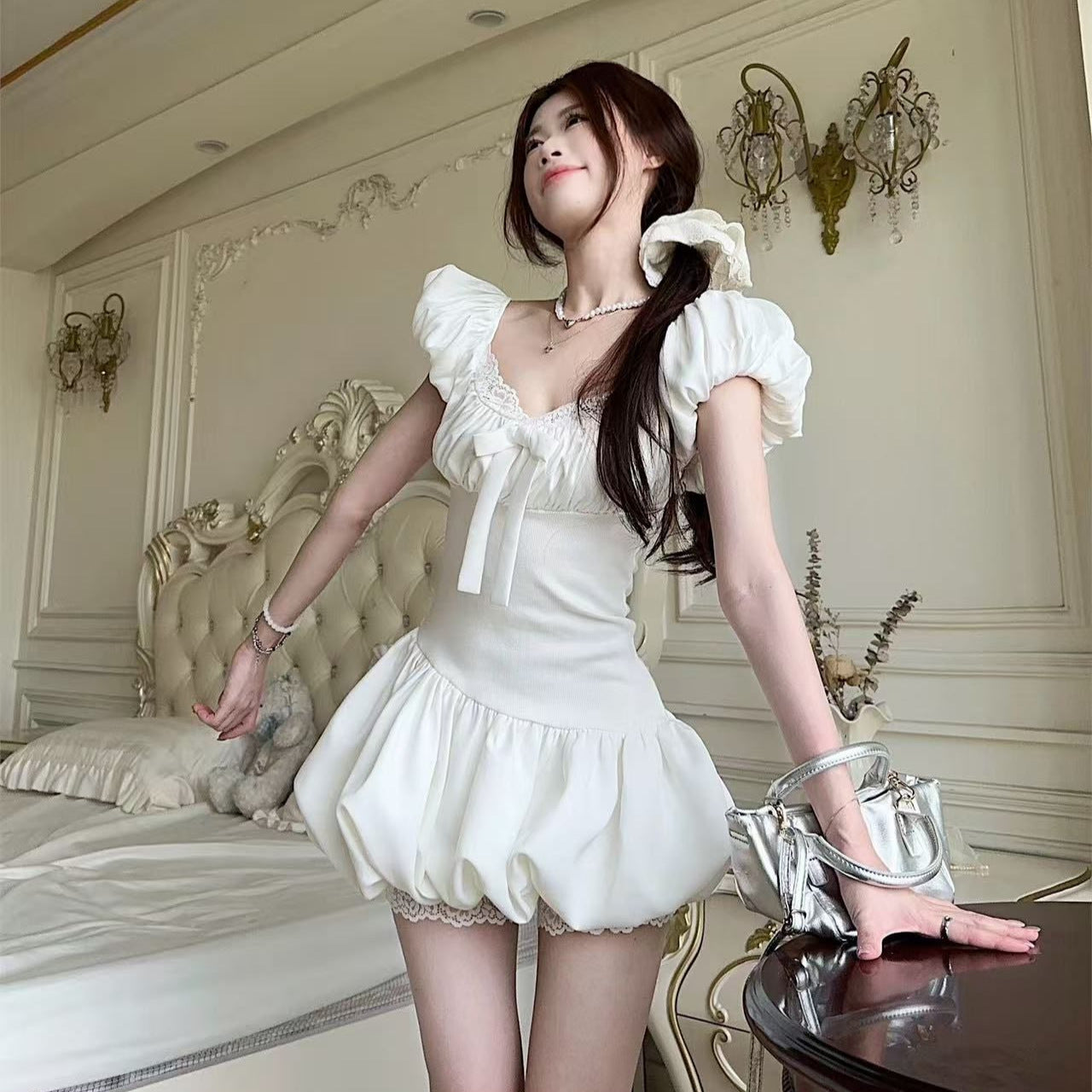 Womens French-style Bow-tie White Puff-sleeve Dress