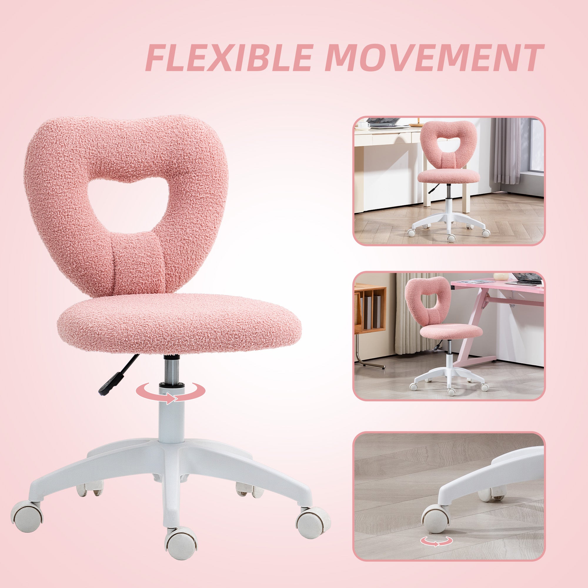 Armless Computer Desk Chair, Office Task Chair, Teddy Fleece Heart Makeup Vanity Chair With Swivel Wheels