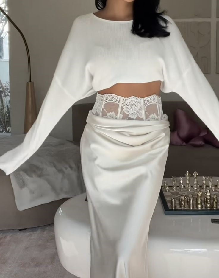 Women's New Fashion Sexy Lace Trim Satin Pencil Skirt