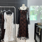 French Style Temperament Lace Square Collar Lace Up Dress