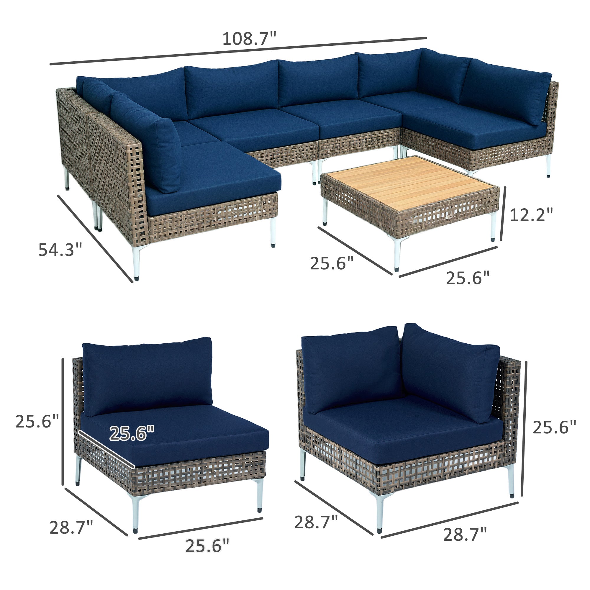 7 Piece Wicker Patio Furniture Set, Modular Outdoor Sectional With Thickened Cushions, Acacia Wood Table, Brown Blue