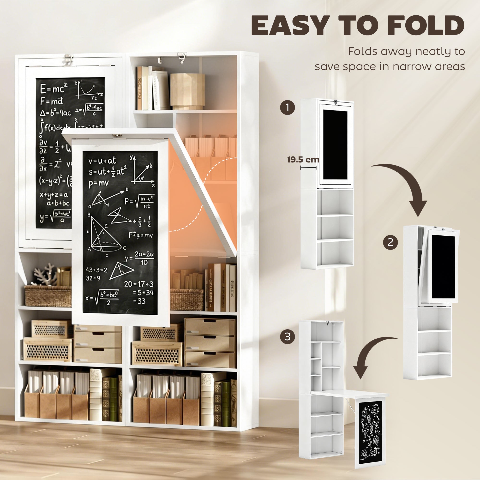 Fold-out Convertible Office Desk, Wall Mount Computer Desk With Blackboard And Side Shelf, White