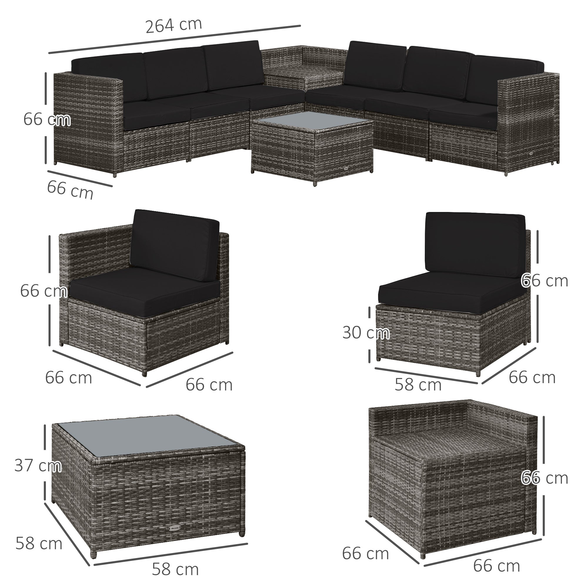 6-Seater Rattan Sofa Furniture Set W/ Cushions, Steel Frame-Grey