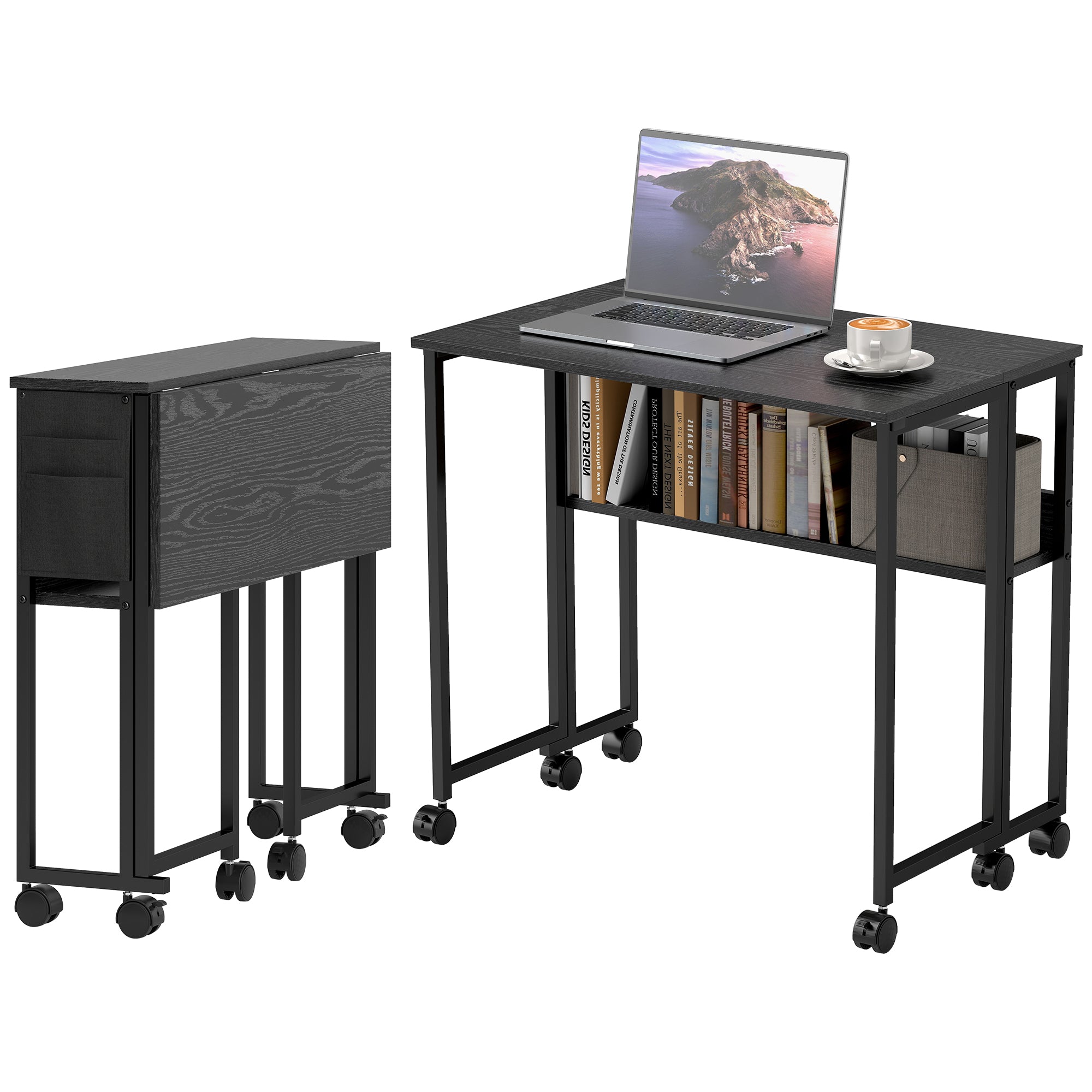 Folding Computer Desk, Foldable Desk with Storage Bag, Shelf and Wheels for Small Spaces, Home Office, Black