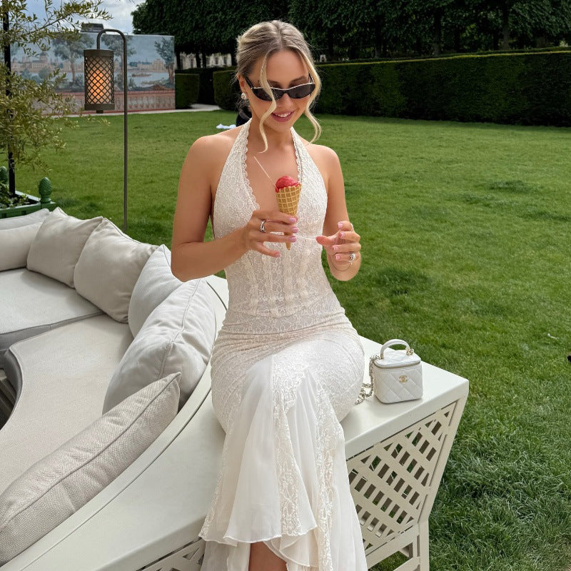 French Sexy Backless Lace Waist-tight V-neck Halter Fishtail Dress