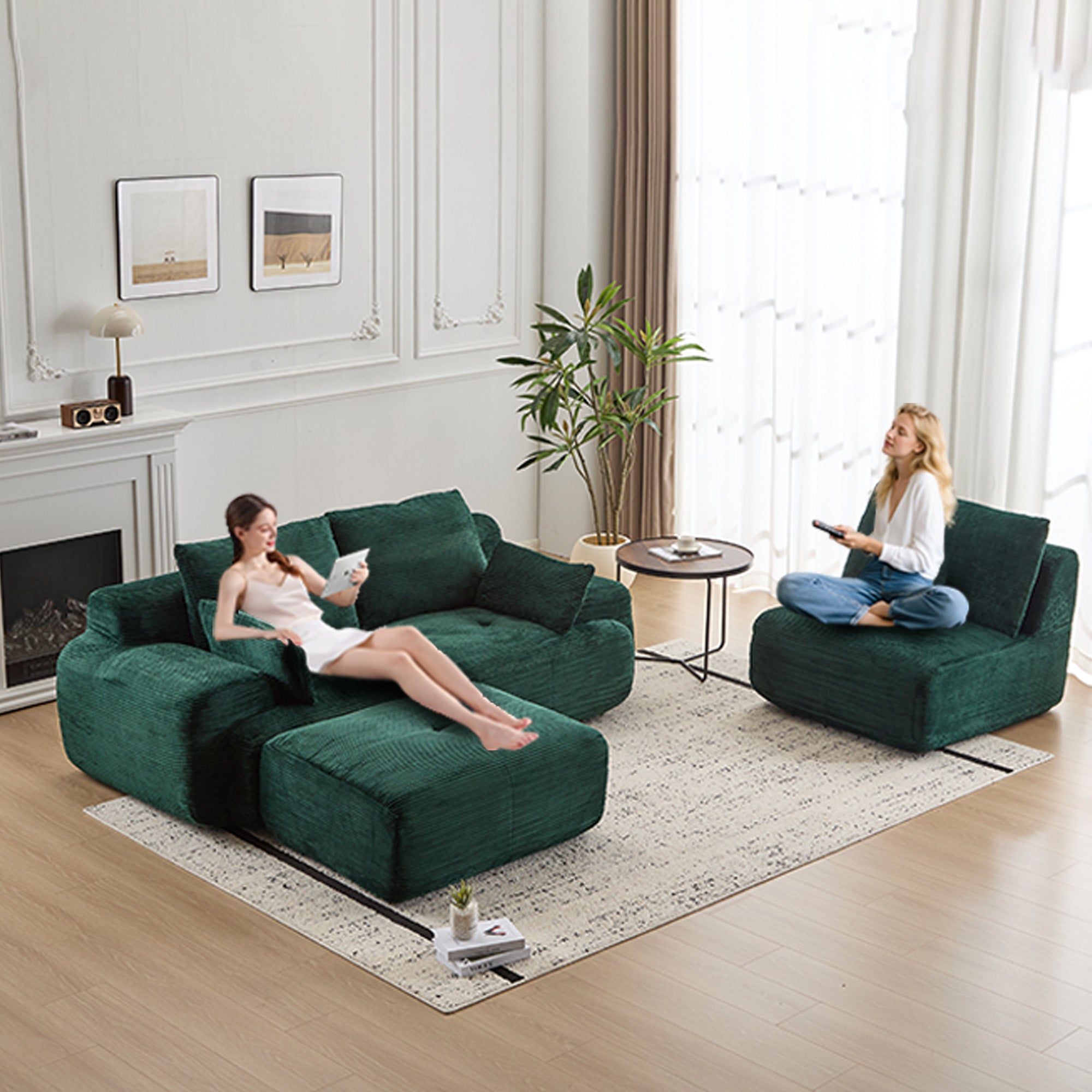 Modern Memory Foam Compressed Sofa,Large Sectional Couches For Living Room,Pet-Friendly Cloud Modular Sectional Sofa,Corduroy Fabric,Extra Deep Loveseat,No Assembly Required,Green