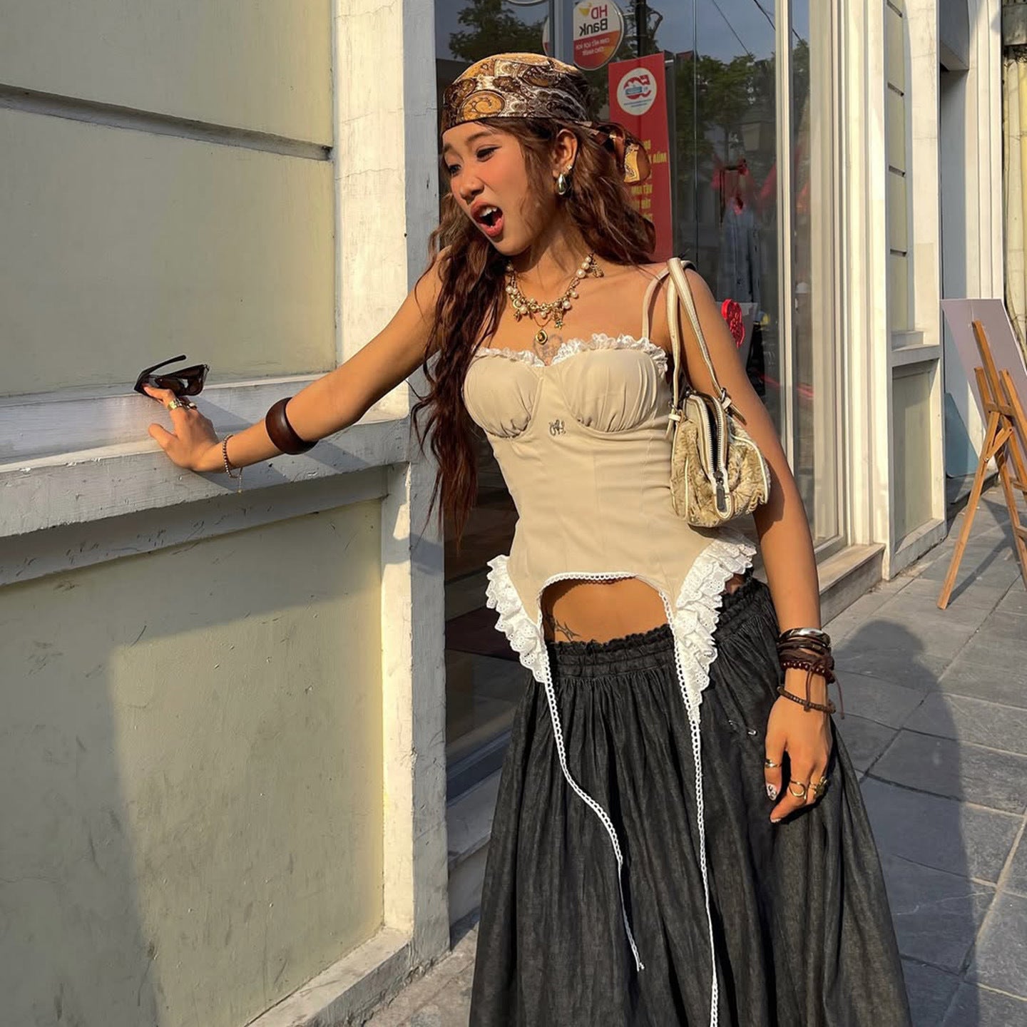 American Street Lace Stitching Ruffle Chest Strap Top Irregular Ribbon Fitted Waist Vest Bra