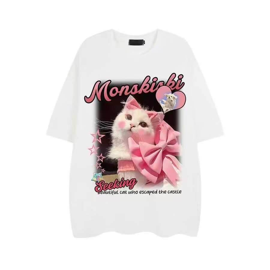 American Creative Loves And Cats Printed Loose Short Sleeve T-shirt