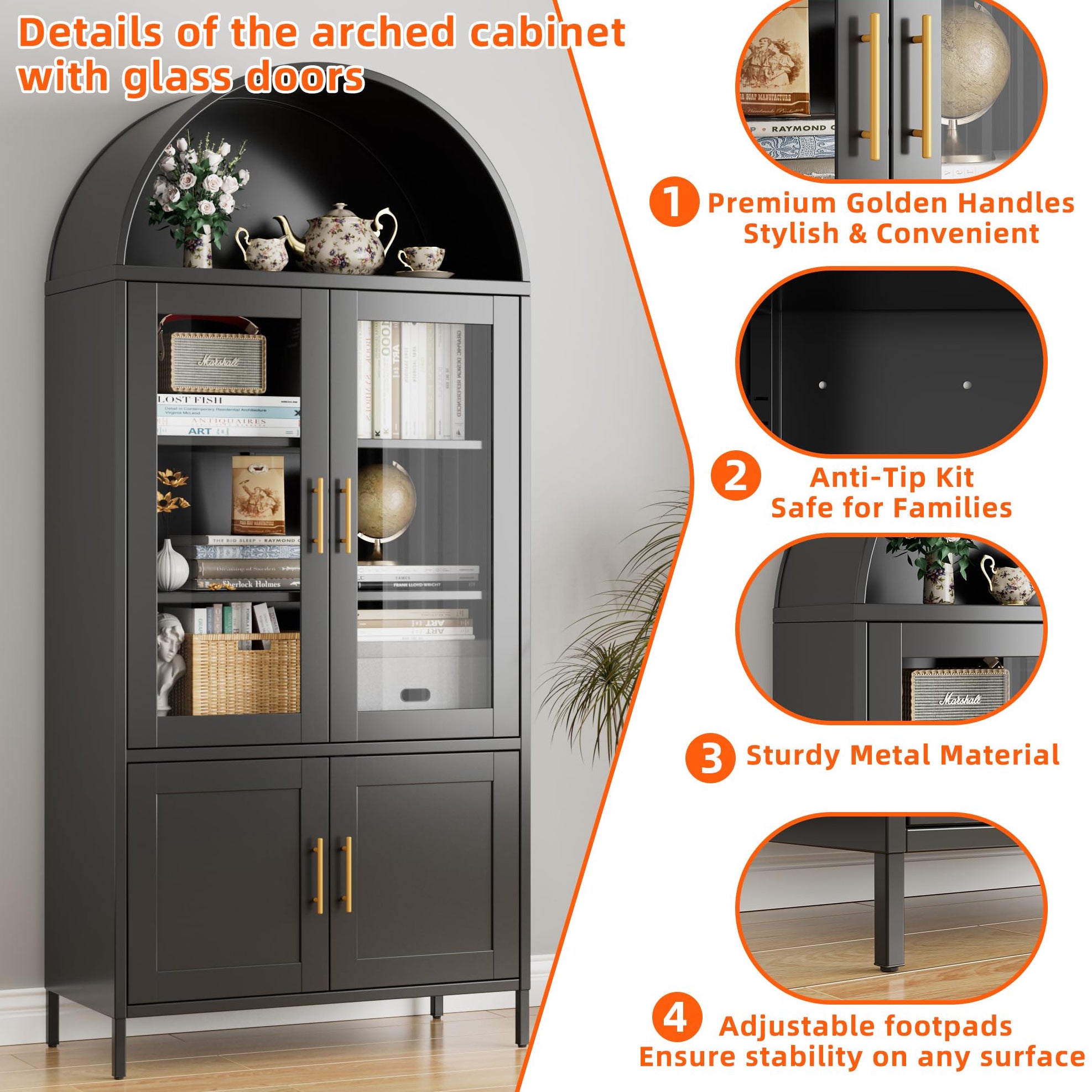 78.7inch H Metal Arched Cabinet,Kitchen Pantry Cabinet With Doors And Shelves, Arched Bookcase For Home Office Bar Living Room, Assemble Require,Black