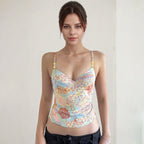 French Retro Printed Contrast Color Beaded Camisole