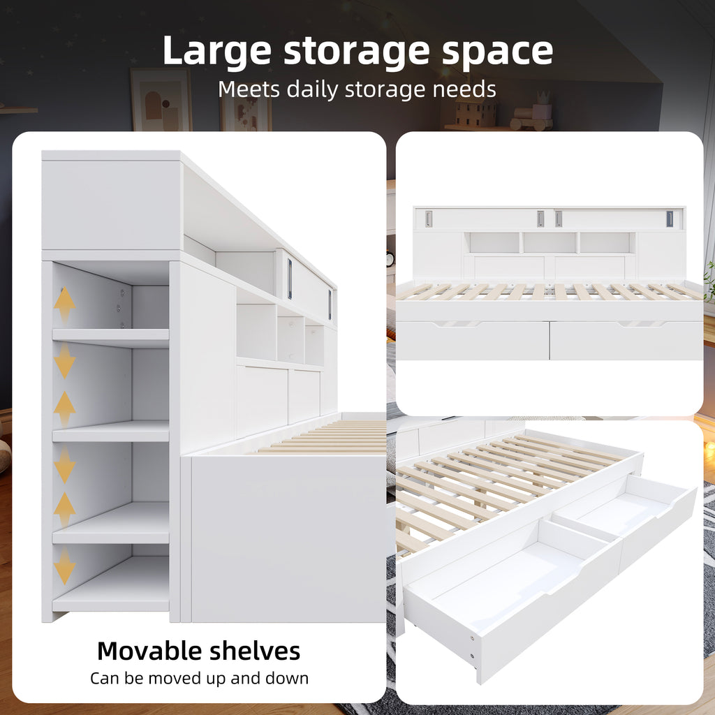 Sofa Bed, Storage Dayed,3ft 90x190 Cm, Multifunctional Storage Bed With Drawers, Shelves And Storage Cabinets, Bed Box With Storage Space, Mattress Not Included, White