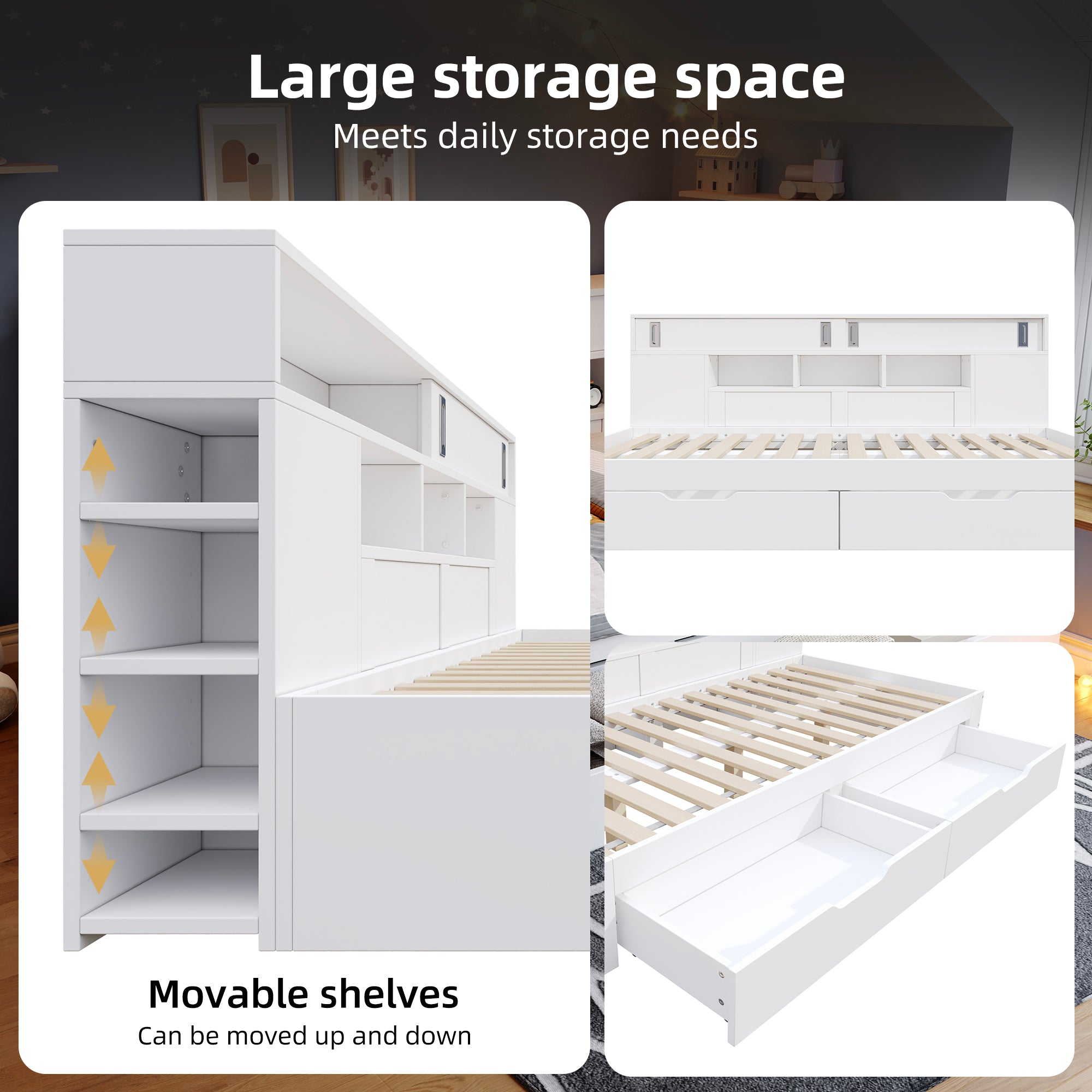 Sofa Bed, Storage Dayed,3ft 90x190 Cm, Multifunctional Storage Bed With Drawers, Shelves And Storage Cabinets, Bed Box With Storage Space, Mattress Not Included, White
