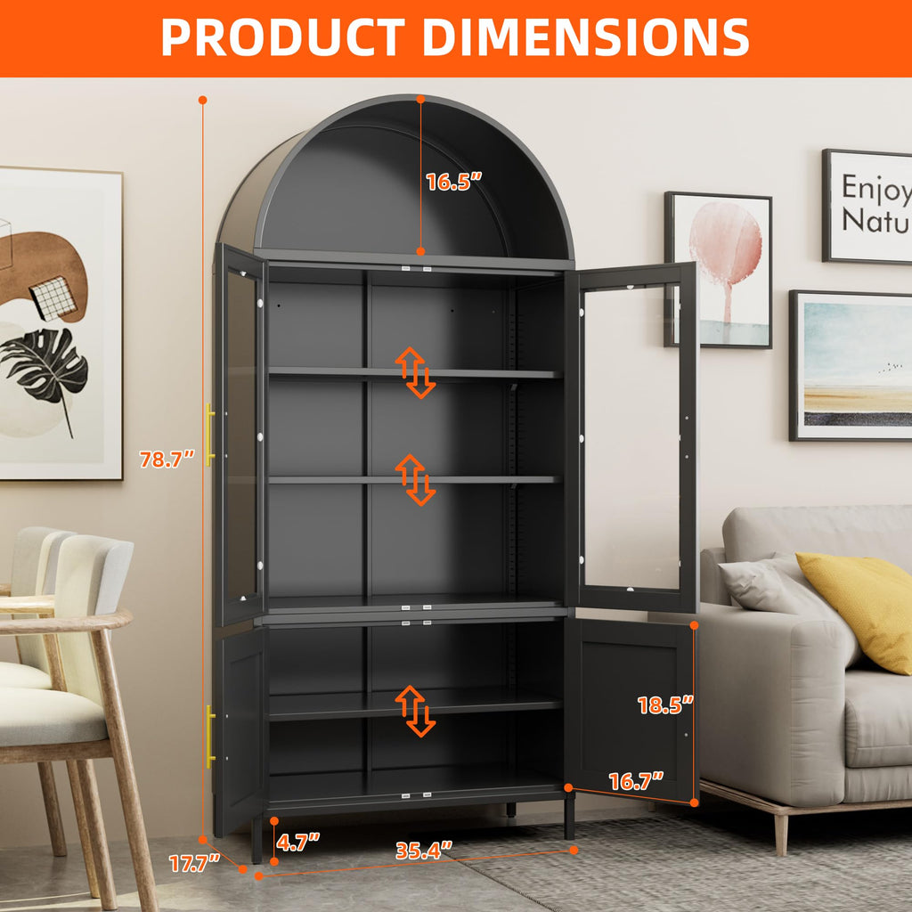 78.7inch H Metal Arched Cabinet,Kitchen Pantry Cabinet With Doors And Shelves, Arched Bookcase For Home Office Bar Living Room, Assemble Require,Black