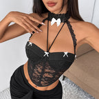 Womens Lace Halterneck Bow-Band Underwire Fishbone Sexy Camisole