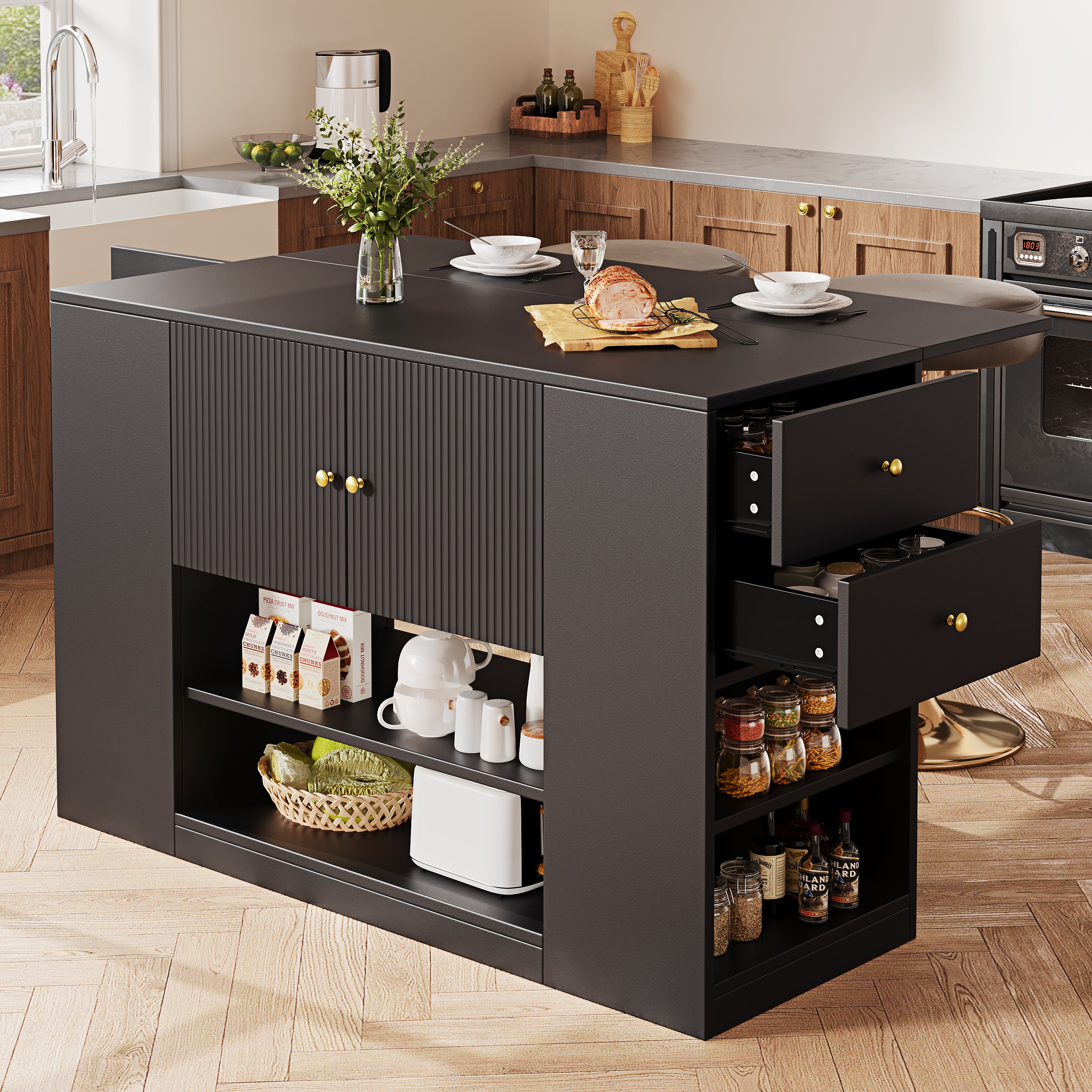 Modern Kitchen Island, Sideboard, Kitchen Cabinet With Drawers And Shelves, Sideboard For Kitchen & Dining Room, Black
