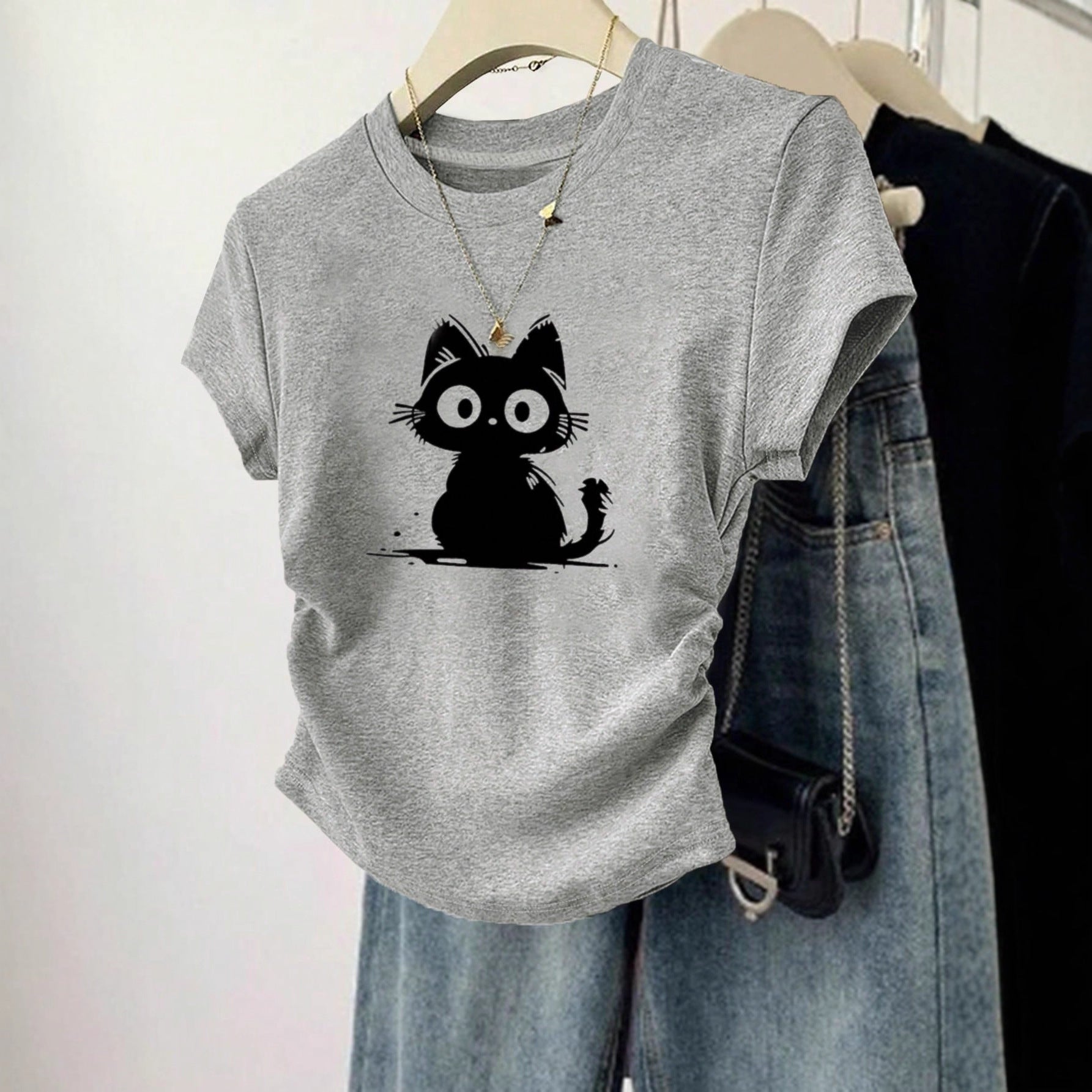 Womens Sweet-Style T-Shirt With Adorable Cartoon Cat Print
