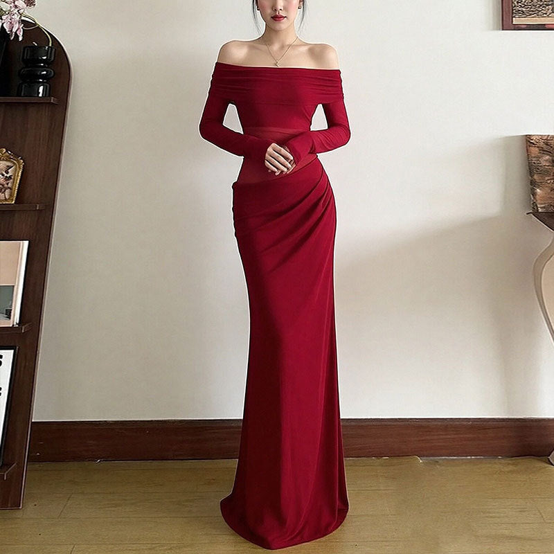 Womens Solid-Color Bodycon Dress French-Style Sophisticated Elegant And Slimming Maxi Skirt