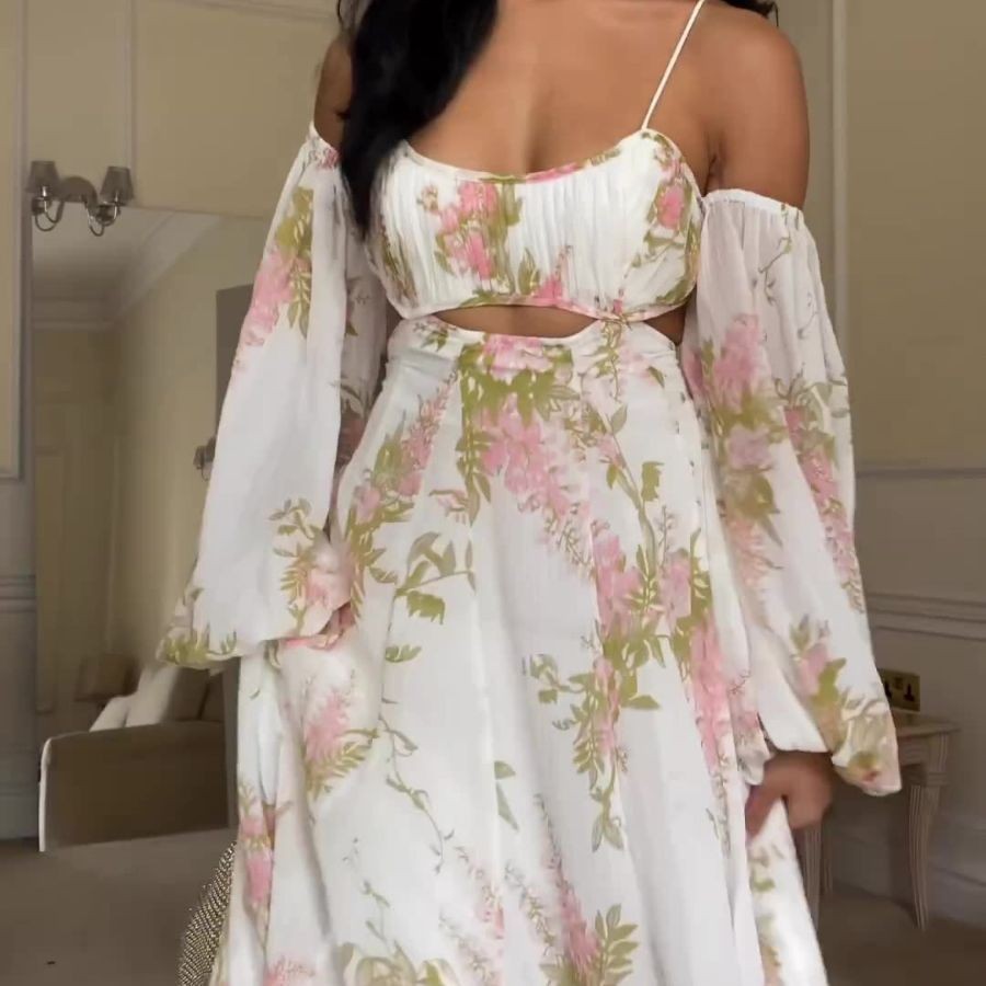 French Printing Home Sexy Backless Spaghetti Straps Dress