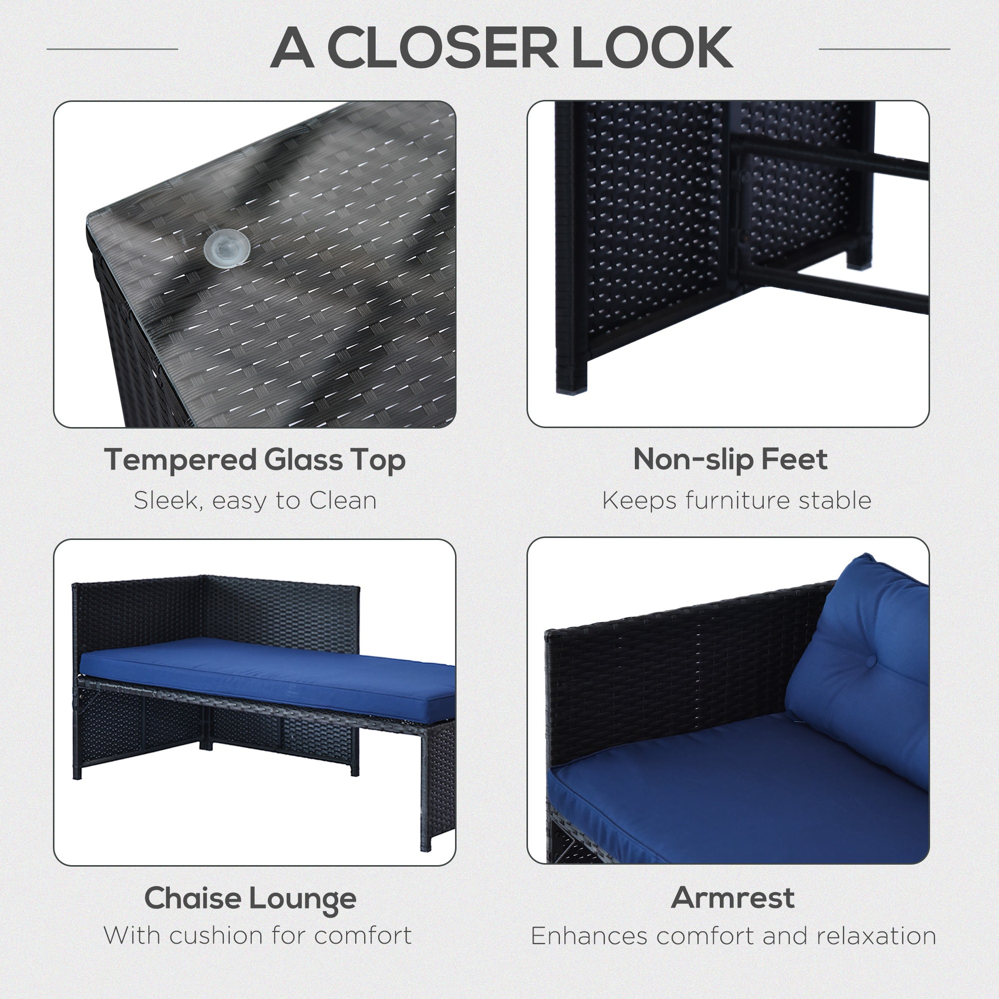 3 Piece Patio Furniture Set, Rattan Outdoor Sofa Set With Chaise Lounge & Loveseat, Soft Cushions, Tempered Glass Table, L-Shaped Sectional Couch, Blue