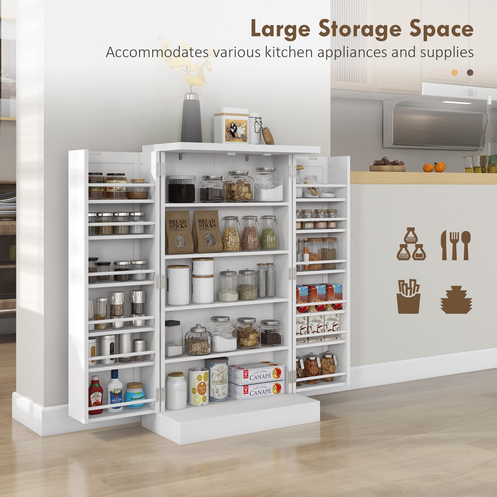 Freestanding Kitchen Pantry, Kitchen Storage Cabinet with 5-Tier Shelf, 12 Spice Racks, Adjustable Shelves, White