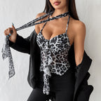Womens Leopard-Print Printed Cami Top With Built-in Pads And Halter Neck Ties