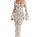 French Style Temperament Lace Square Collar Lace Up Dress