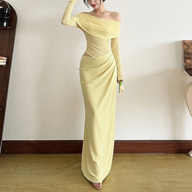 Womens Solid-Color Bodycon Dress French-Style Sophisticated Elegant And Slimming Maxi Skirt