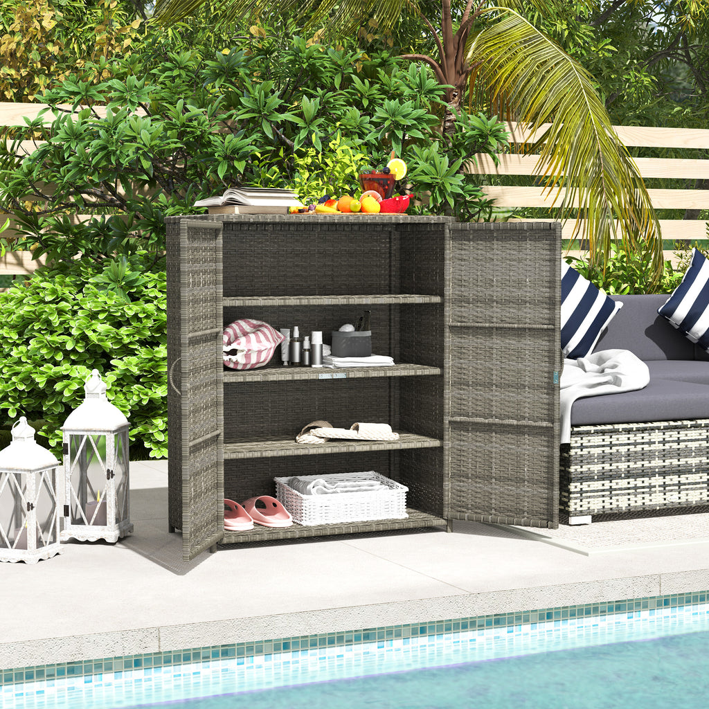 Rattan Wicker Outdoor Storage Cabinet with 4 Shelves and 2 Doors for Garden Pool Towel Storage, Mixed Gray