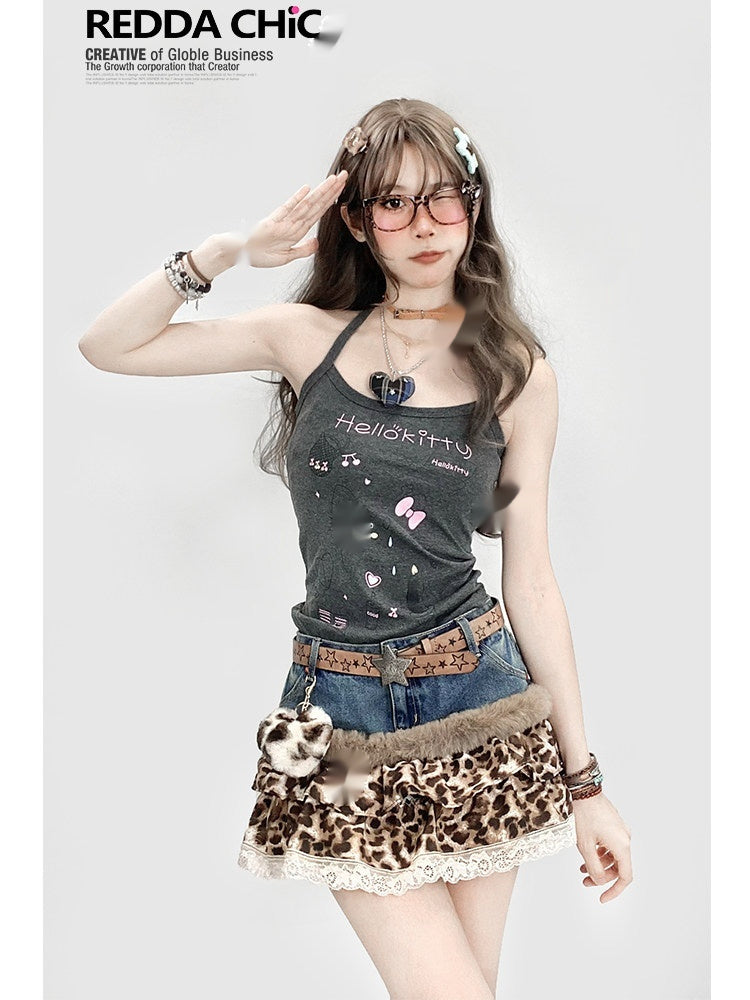 American Retro Y2K Chic Girls Cake-Style Leopard-Print Patchwork Lace Denim Skirt