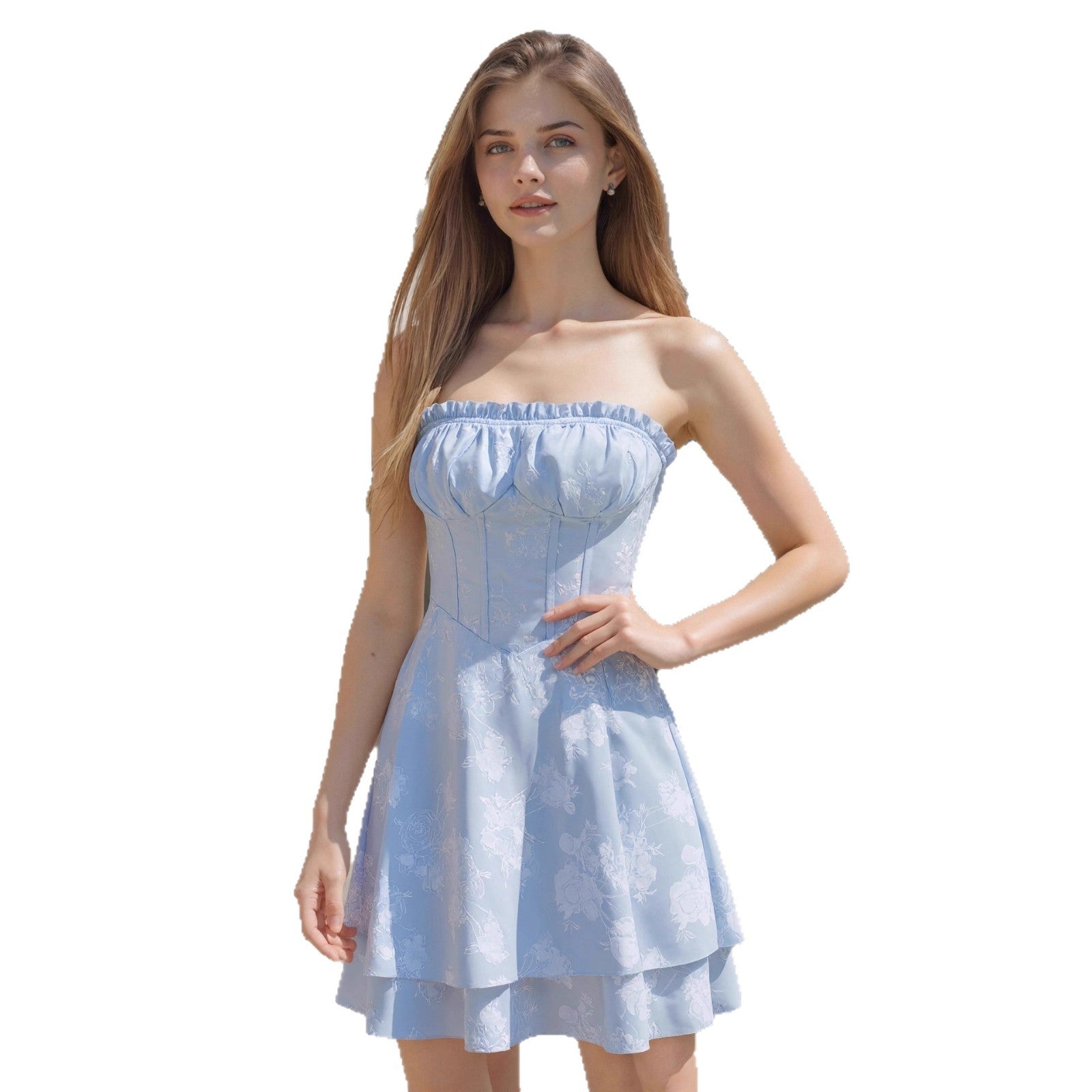Womens Solid-Color French-style Strapless Pleated Dress