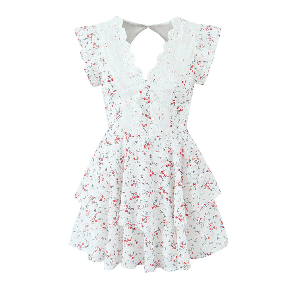 French Sweet Style Lace Stitching Flower Printed V-neck Short Sleeve Dress