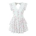 French Sweet Style Lace Stitching Flower Printed V-neck Short Sleeve Dress