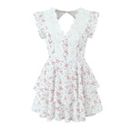 French Sweet Style Lace Stitching Flower Printed V-neck Short Sleeve Dress