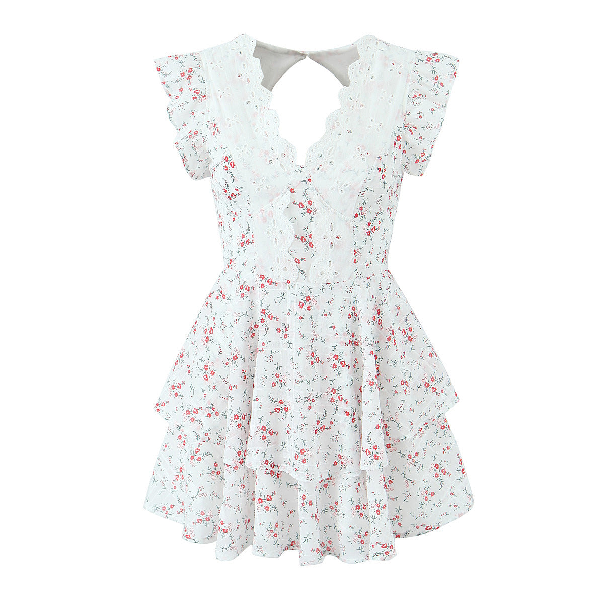 French Sweet Style Lace Stitching Flower Printed V-neck Short Sleeve Dress