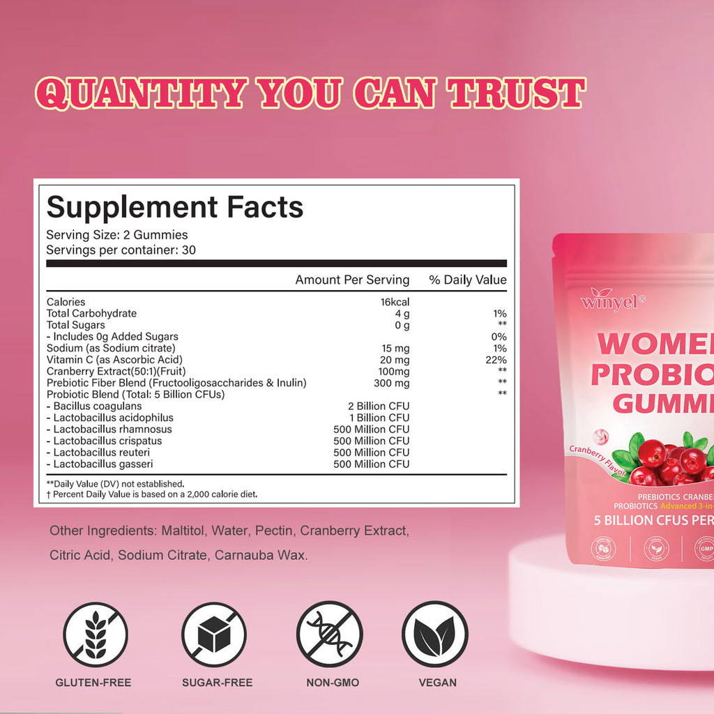 Cranberry Probiotic Gummies  Targets Body Odor, Women's Health, And PH Balance  Vegan 60 Gummies Per Pack