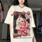 American Creative Loves And Cats Printed Loose Short Sleeve T-shirt