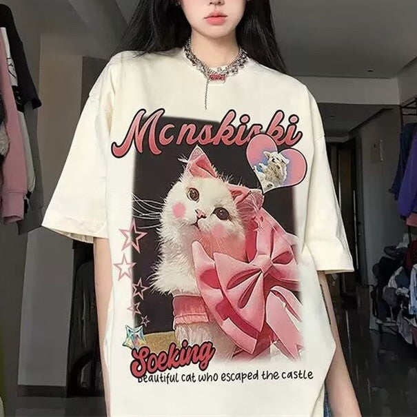 American Creative Loves And Cats Printed Loose Short Sleeve T-shirt