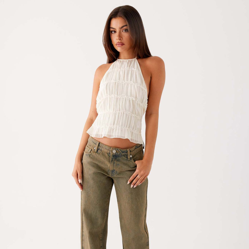 Solid Color Neck Lace Sexy Backless Spaghetti Straps Top