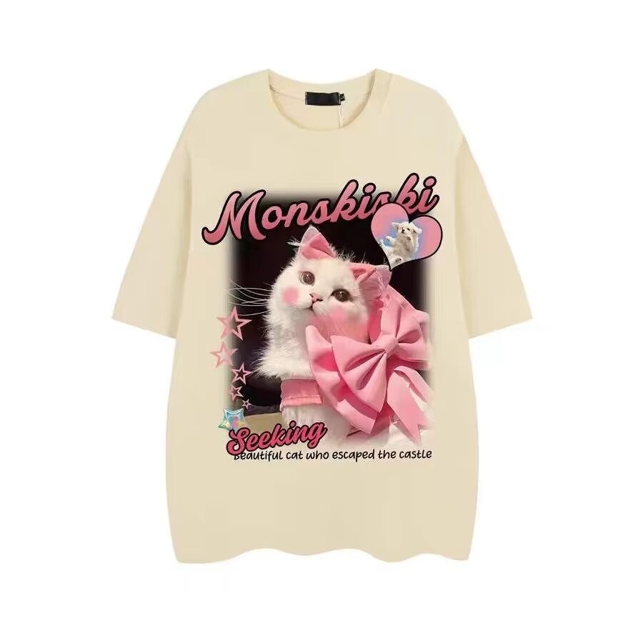 American Creative Loves And Cats Printed Loose Short Sleeve T-shirt