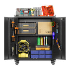 SUXXAN Metal Storage Cabinet With Wheels, Rolling Storage Cabinet With 2 Doors And Adjustable Shelves, Pegboard And 4 Hooks, Suitable For Garage, Home, Office, School, Black