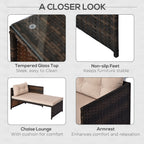 3 Piece Patio Furniture Set, Rattan Outdoor Sofa Set With Chaise Lounge & Loveseat, Soft Cushions, Tempered Glass Table, L-Shaped Sectional Couch, Beige