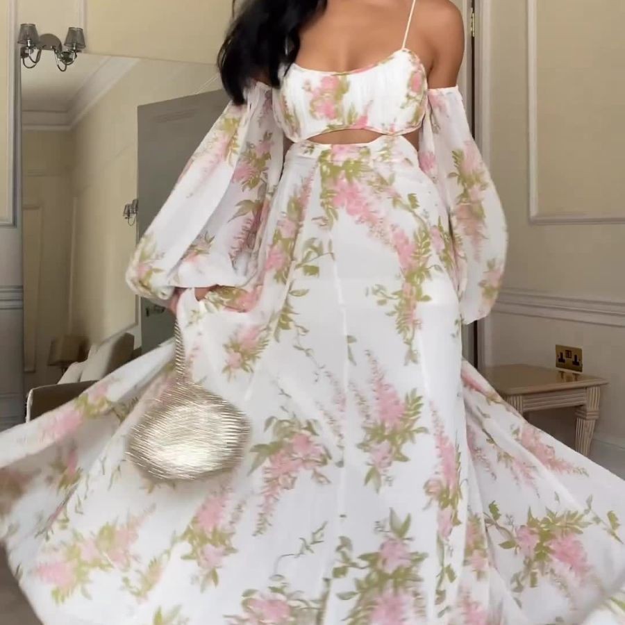 French Printing Home Sexy Backless Spaghetti Straps Dress