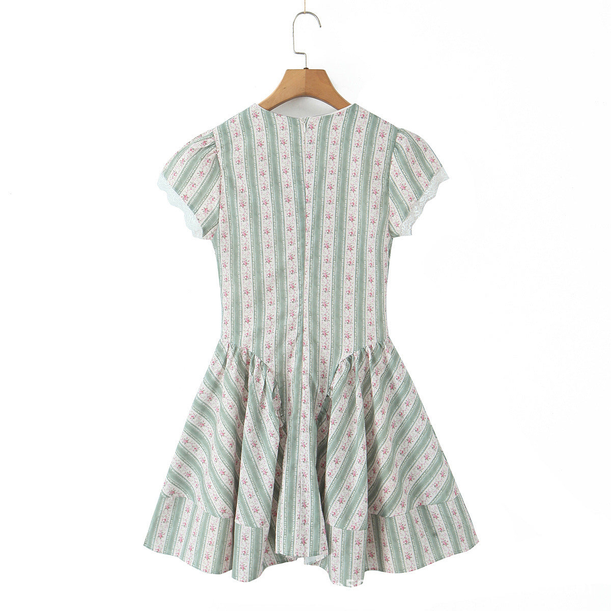 French-style Floral Print Bow-Detailed Striped Lace V-Neck Mini Dress