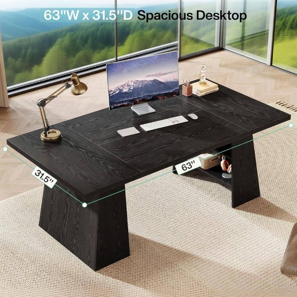 63-Inch Executive Desk, Modern Large Office Computer Desk With Double Pedestal And Storage Shelves, Simple Writing Conference Table