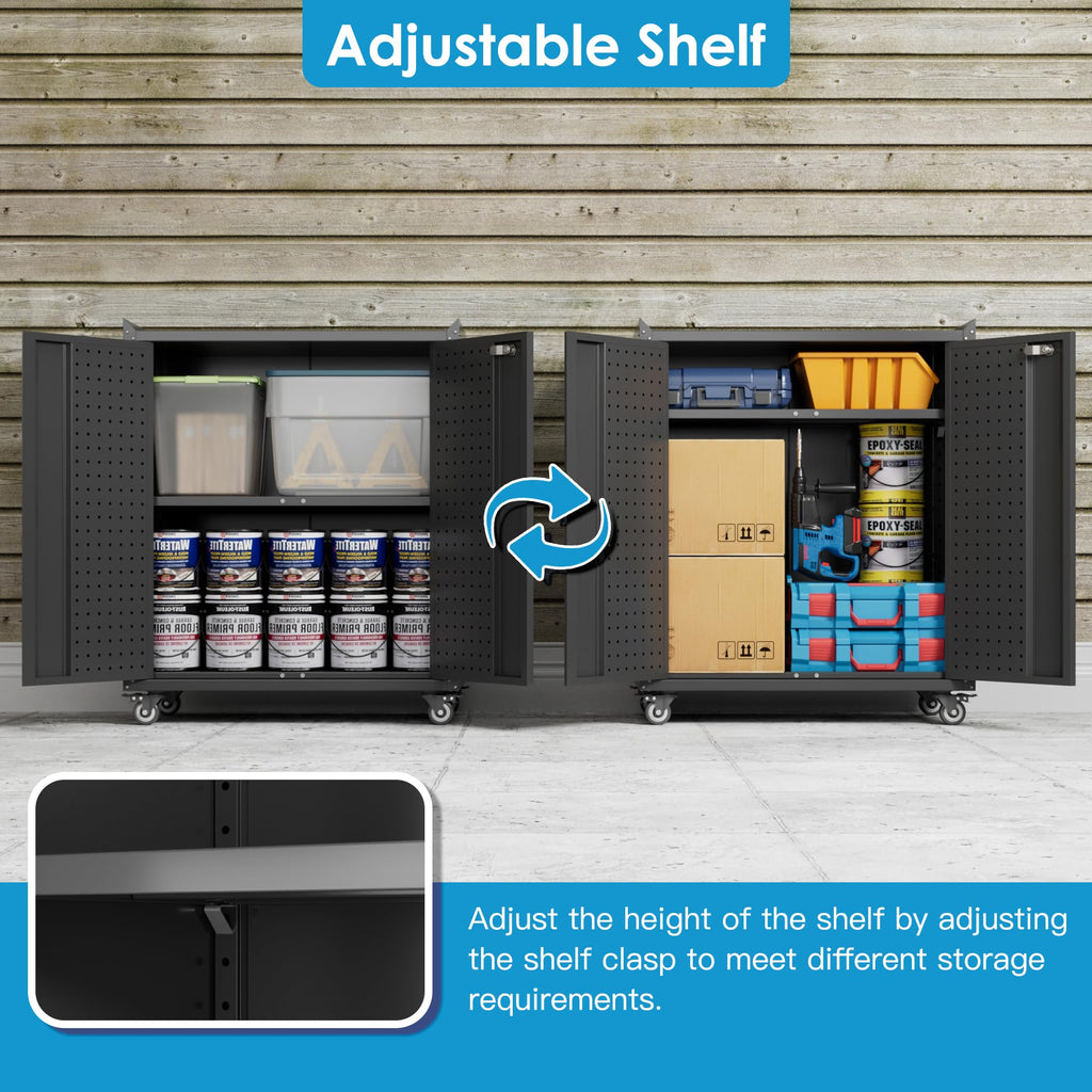 SUXXAN Metal Storage Cabinet With Wheels, Rolling Storage Cabinet With 2 Doors And Adjustable Shelves, Pegboard And 4 Hooks, Suitable For Garage, Home, Office, School, Black