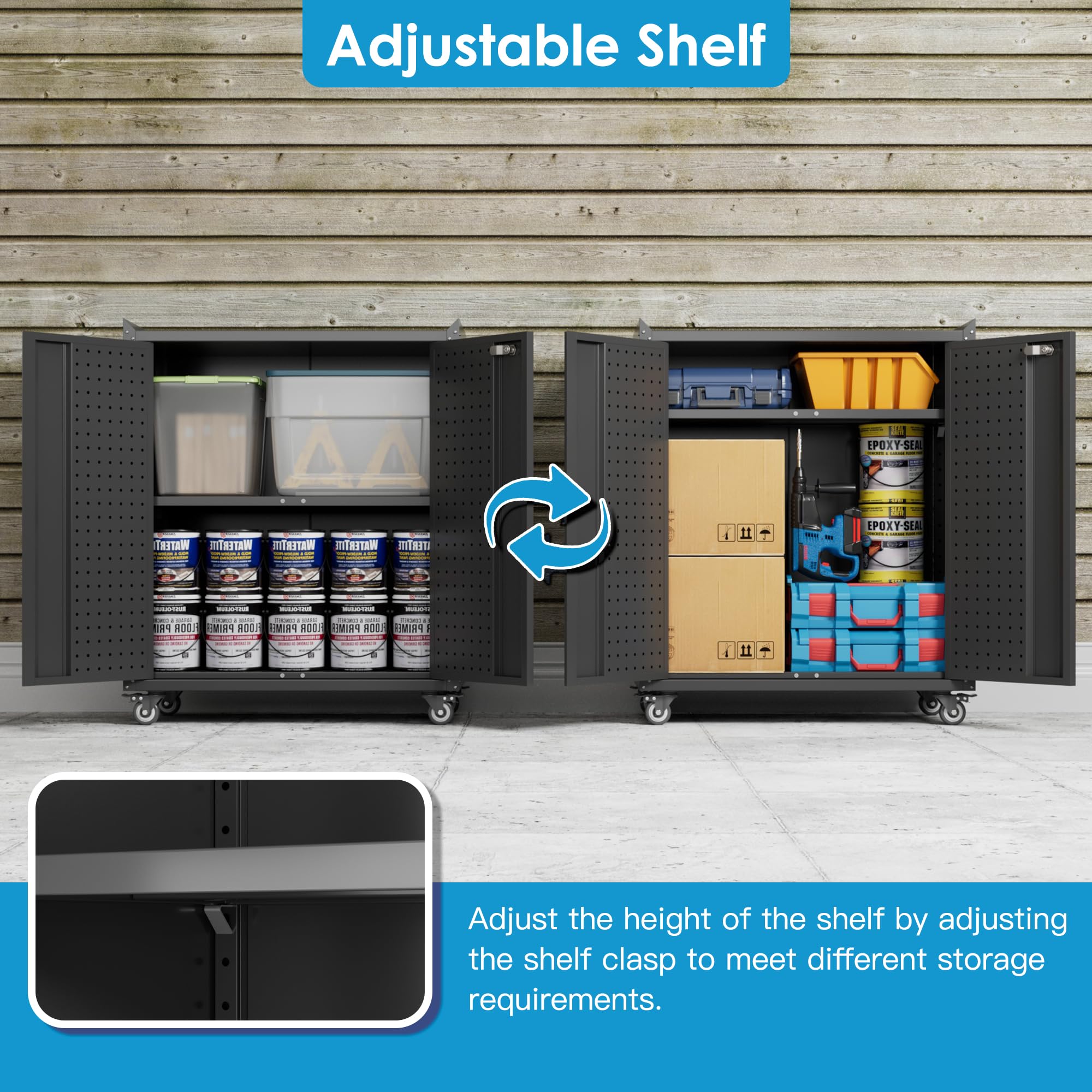 SUXXAN Metal Storage Cabinet With Wheels, Rolling Storage Cabinet With 2 Doors And Adjustable Shelves, Pegboard And 4 Hooks, Suitable For Garage, Home, Office, School, Black