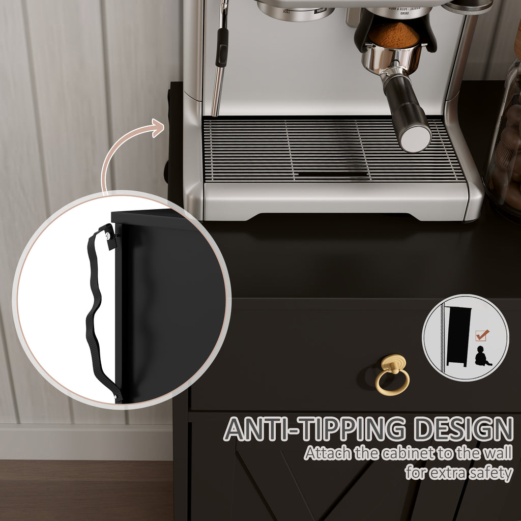 Kitchen Storage Sideboard, Farmhouse Buffet Cabinet with Barn Style Doors, Drawers, Adjustable Shelves, Black