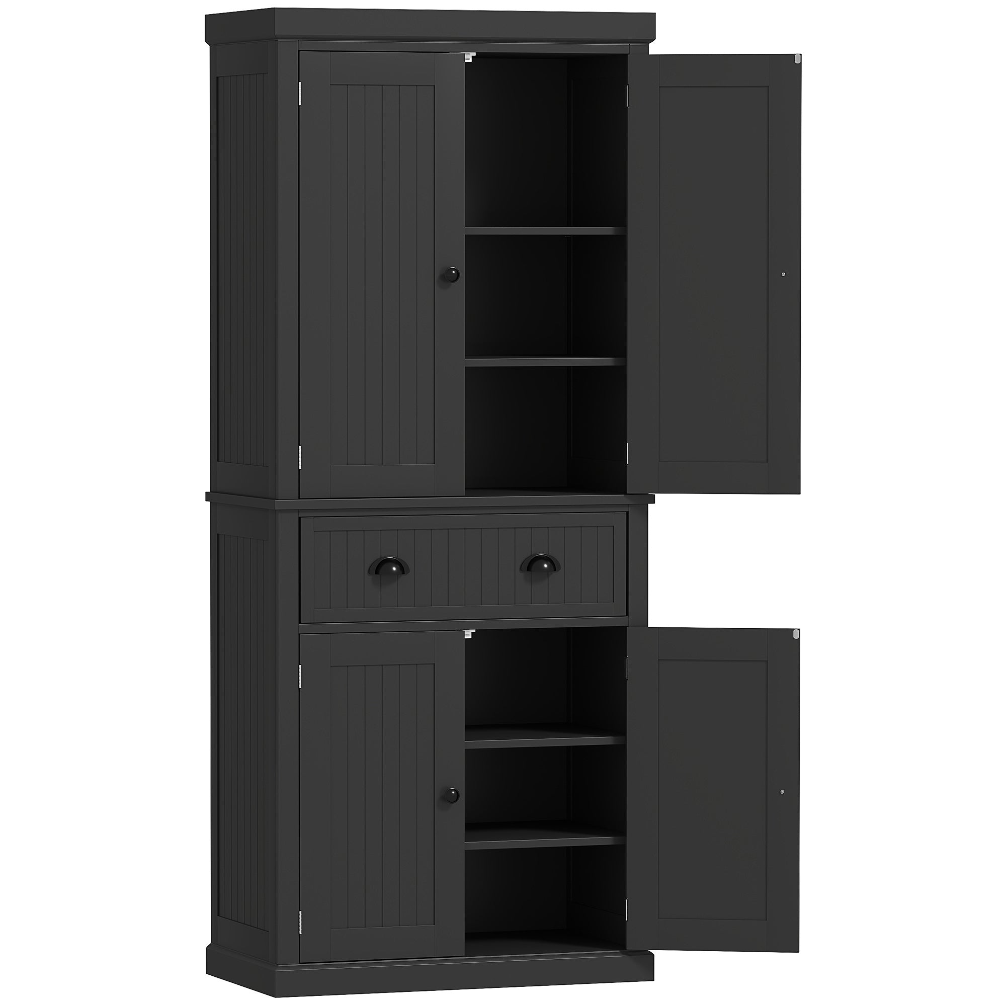 72" Kitchen Pantry Storage Cabinet, Cupboard with 4 Doors and 3 Adjustable Shelves, Large Central Drawer, Black